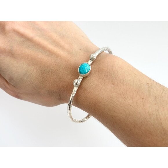 Hammered Pewter Natural Sleeping Beauty Turquoise Cuff Vintage Bangle Bracelet - Picture 8 of 10